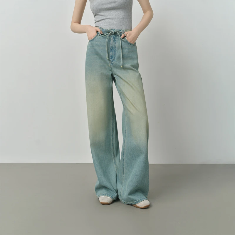 范思蓝恩美式复古做旧系带2025秋季新款直筒牛仔裤25FS13013