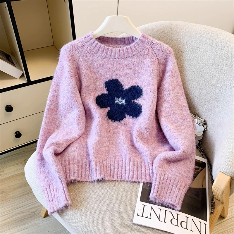 2025秋冬新款设计感花朵提花圆领毛衣洋气减龄百搭套头针织衫上衣