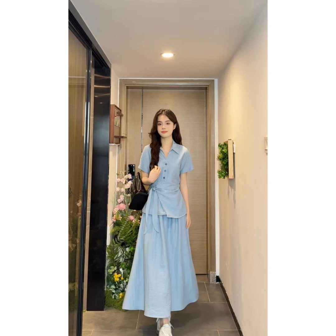 可盐可甜不规则调节上衣套装裙女夏装气质简约蓝色半身裙两件套