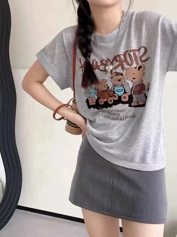 丽丽家~小熊灰短袖夏季印花圆领卡通宽松上衣390