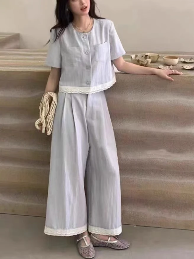 高级棉麻感套装女2025夏季新款短袖开衫上衣+高腰阔腿裤两件套潮