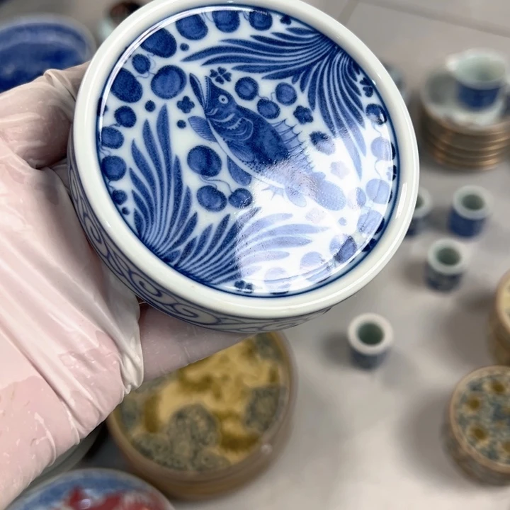 瓷片白青花鱼藻纹实心盖置我品