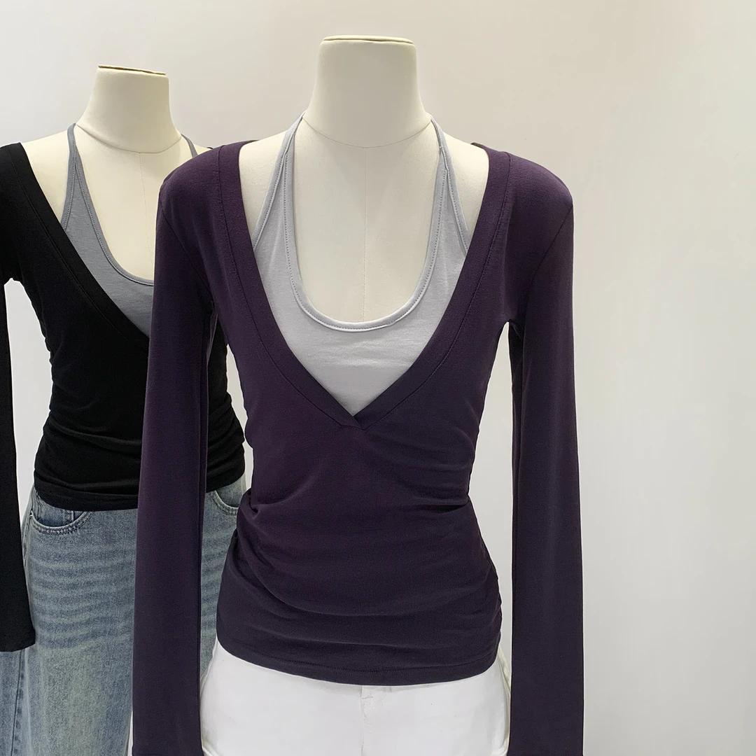 莱赛尔天丝独特假两件挂脖长袖T恤女秋季2025新款高级不撞衫上衣