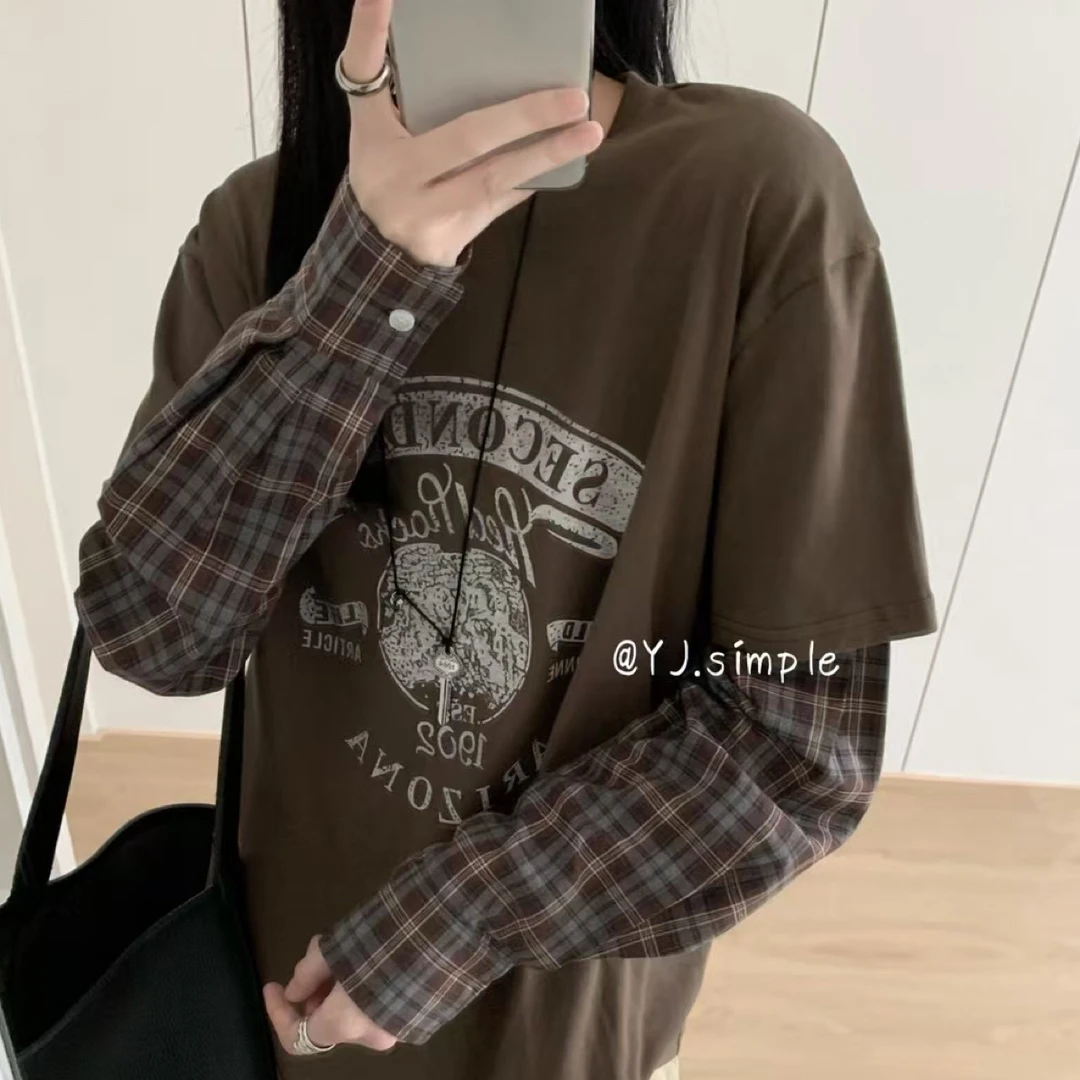 秋季新款 短袖T恤女美式复古显瘦遮肚拼接