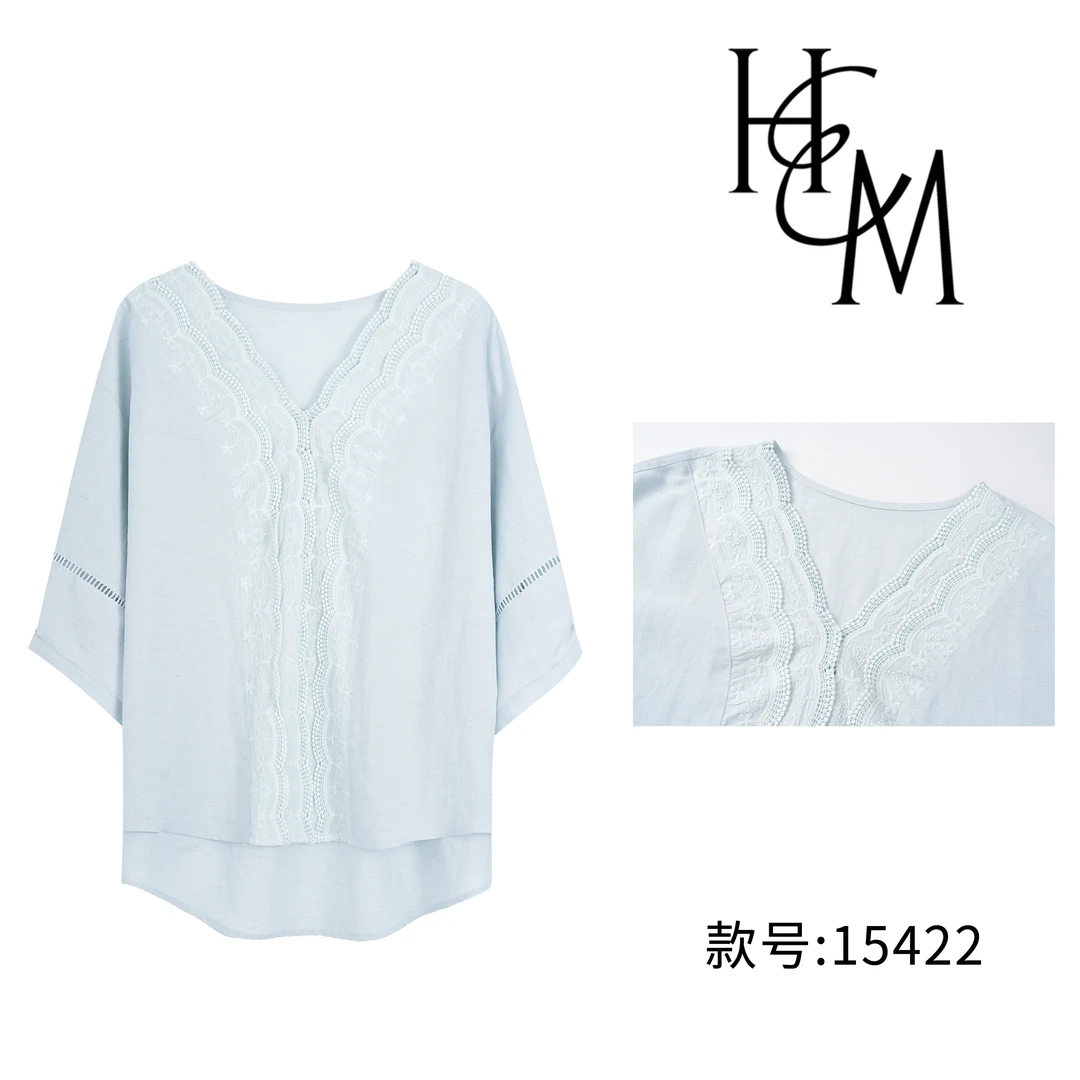 HUIERMAN/慧尔曼莱赛尔天丝法式V领镂空蕾丝刺绣拼接衬衫【15422】