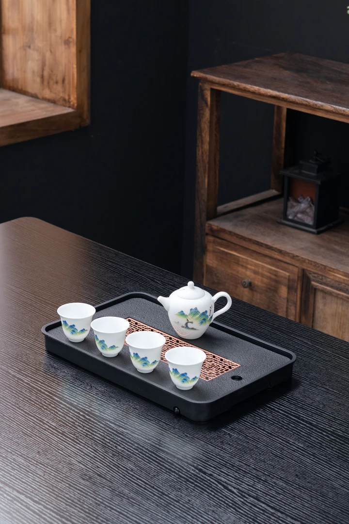 ZH867只此青绿茶壶一壶四杯+仿乌金石茶盘