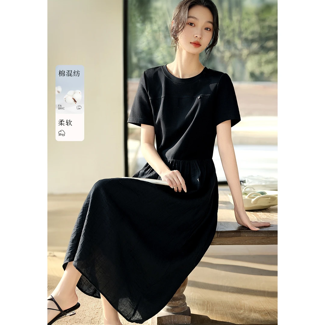 XWI/欣未2025夏季新款简约气质优雅通勤精致小标收腰连衣裙9450
