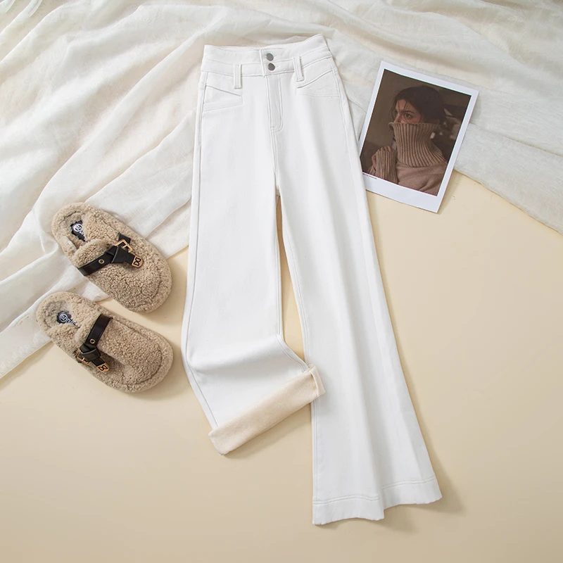 单裤/加绒米白色高腰阔微喇牛仔裤女弹力宽松显瘦百搭9806