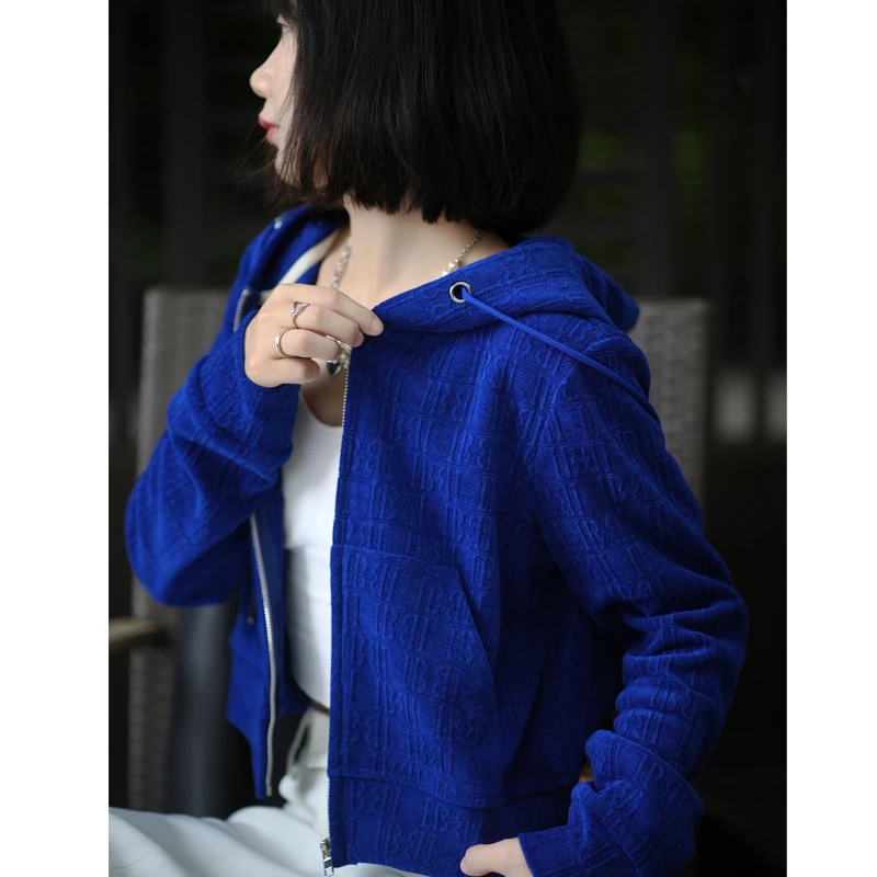 克莱因蓝色雪尼尔外套女春秋季2025年新款小个子短款上衣带帽运动