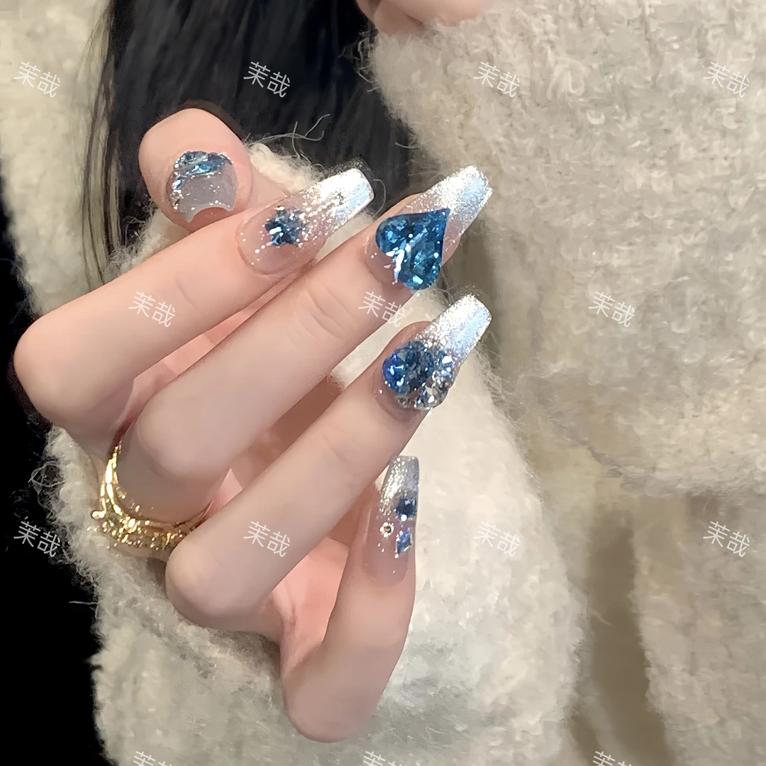 茉哉KK专属【施家全华钻/情定冰蓝】纯手工定制拆卸穿戴甲A3438