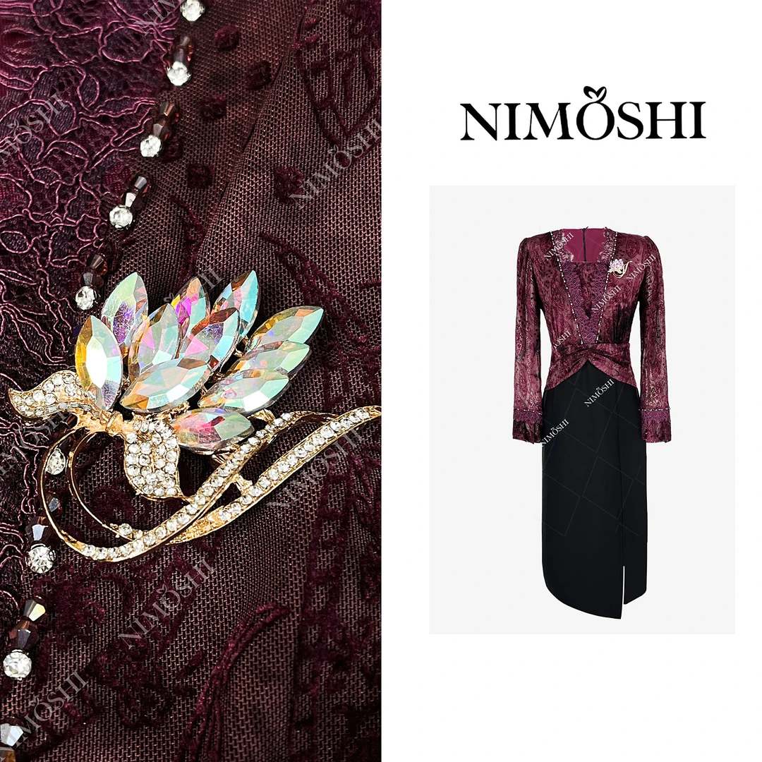 NIMOSHI【倩倩】秋季晚宴礼会轻连衣裙蕾丝网纱袖显瘦连衣裙Q2443