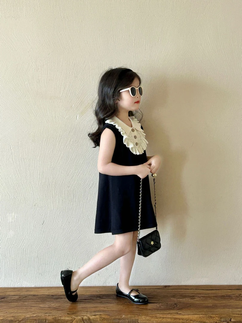 女童童装2025春夏款木耳边领子学院风宝宝赫本风毛线背心裙洋气