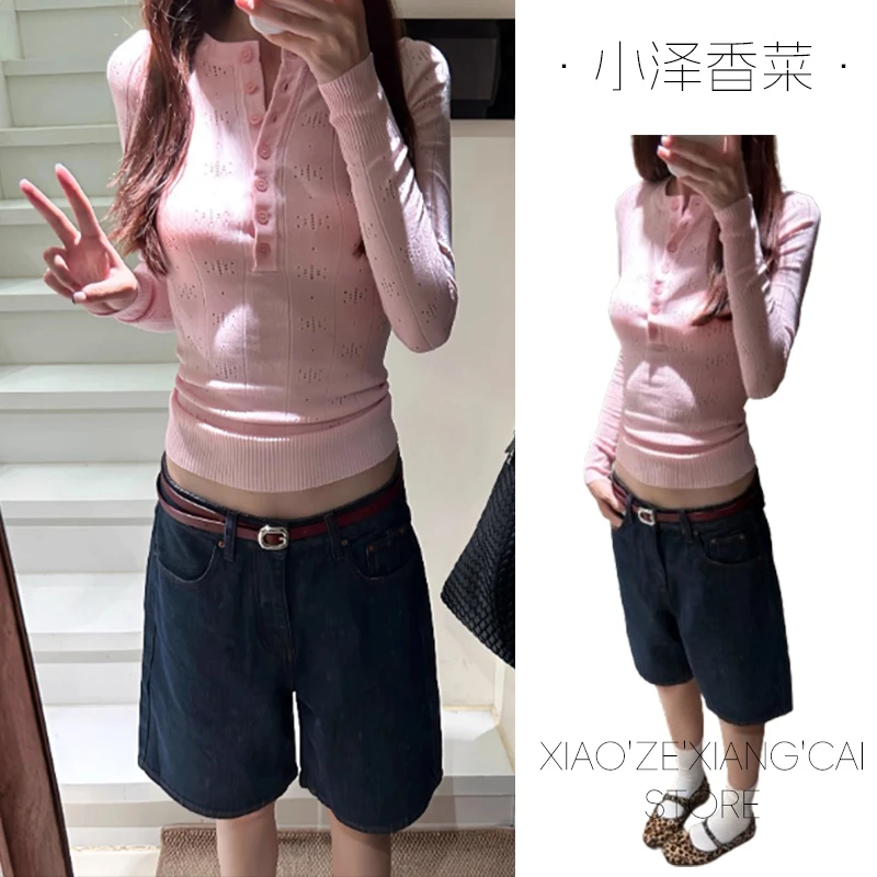 粉色镂空长袖针织衫女2025早秋季新款高级感chic别致修身内搭上衣