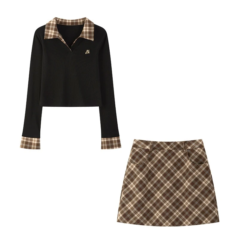 羊城故事-假两件格子拼接翻领T恤a字格纹半身裙两件套装Y50248224