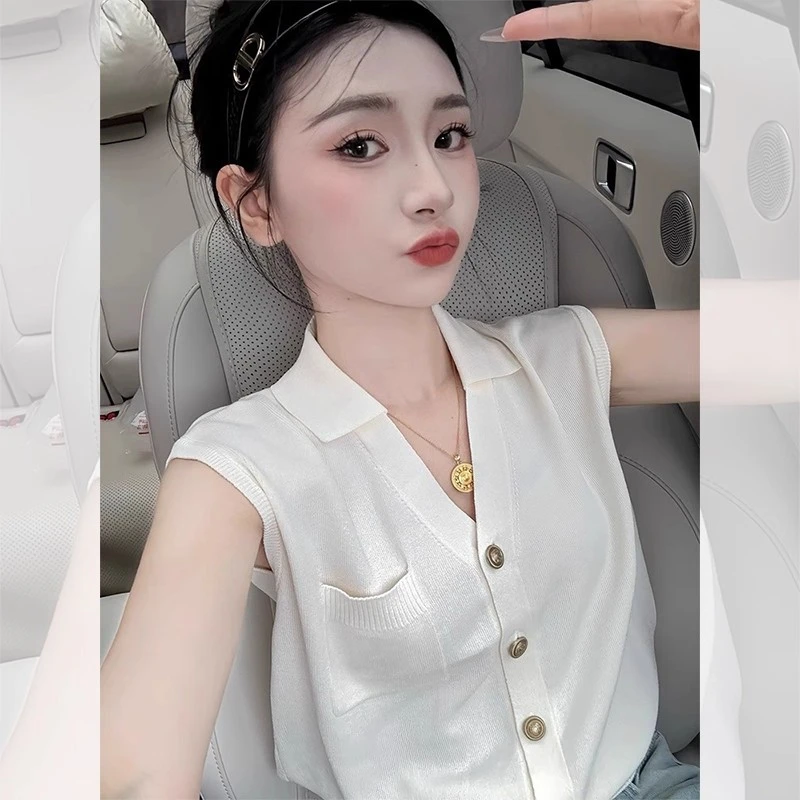 法式Polo领白色针织无袖坎肩T恤女夏季正肩翻领小飞袖时尚上衣薄