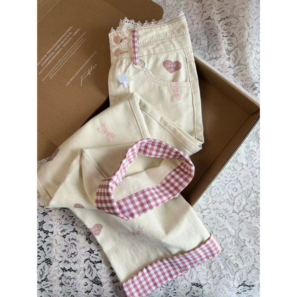 美式复古牛仔裤女夏季休闲慵懒小熊格子拼接宽松甜妹风直筒阔腿裤