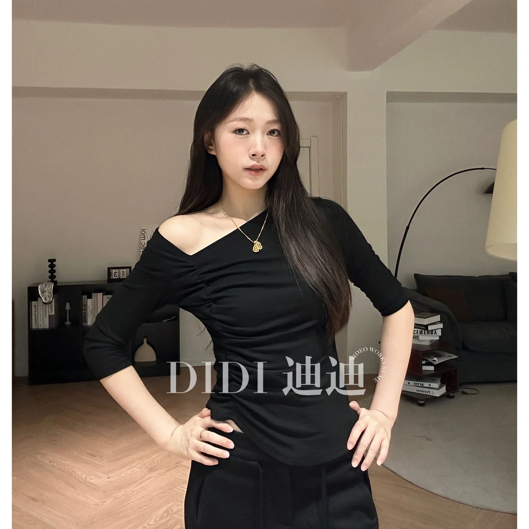 【DIDI】斜肩设计款修身秋季显瘦时尚七分袖打底衫T恤