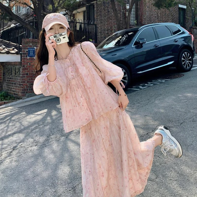 樱花粉国风套装春季女时尚穿搭一整套2025新款晕染半身裙两件套裙