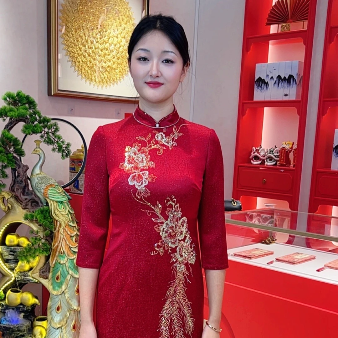 六礼17831款烫钻旗袍连衣裙秋冬婚宴喜妈妈装