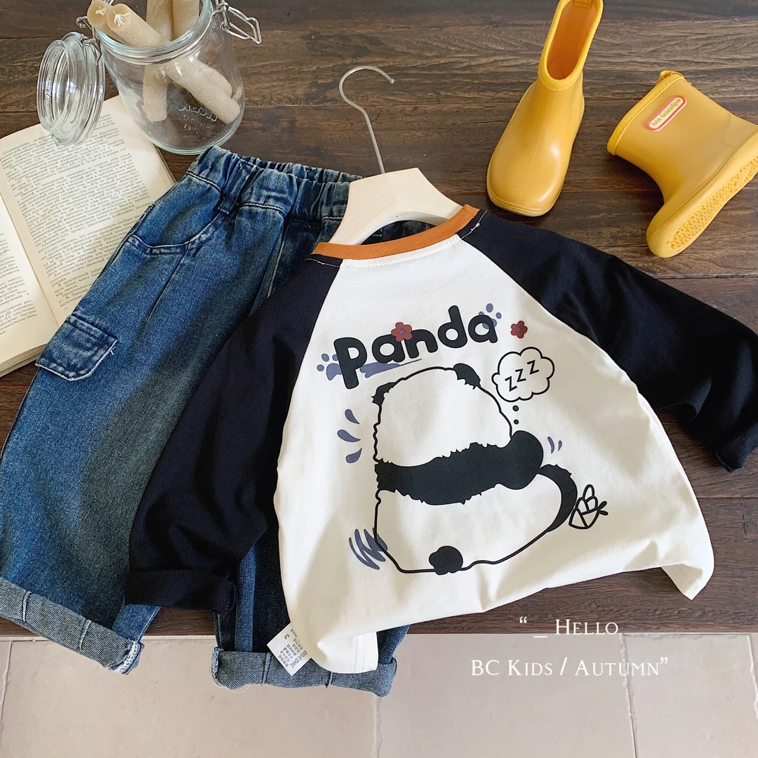 儿童T恤2025秋季可爱熊猫插肩袖新品童装字母休闲长袖潮G0313