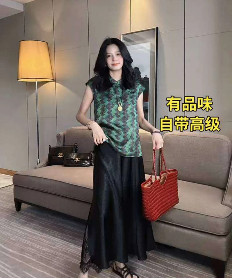 新中式绿色印花斜襟立领衬衫女2025夏季新款独特漂亮坎肩国风上衣