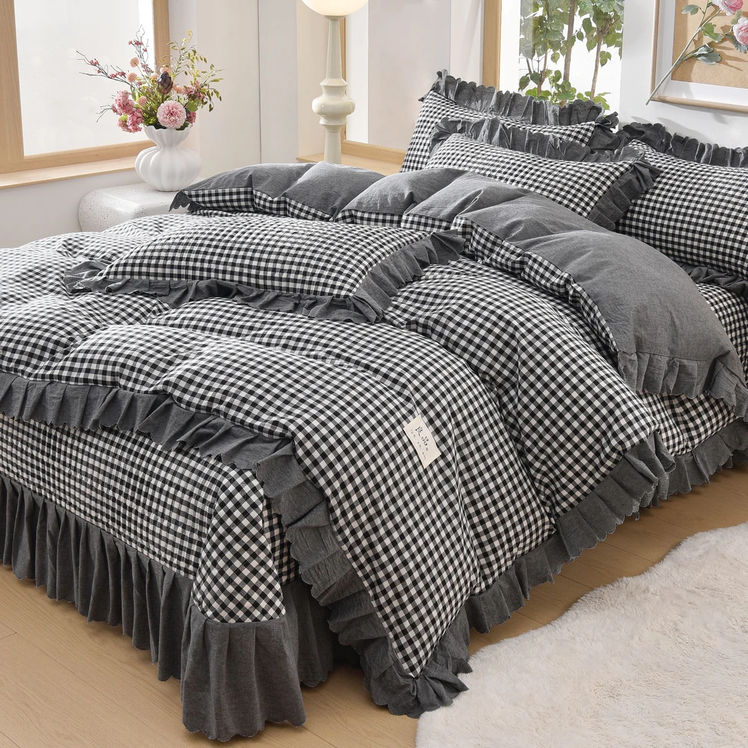 新款水洗棉床盖四件套简约格子风夹棉床裙款床盖三件套四季通用