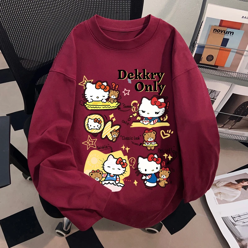 Dekkry韩系趣味卡通KT猫印花长袖T恤女秋冬季新款纯棉学院风上衣