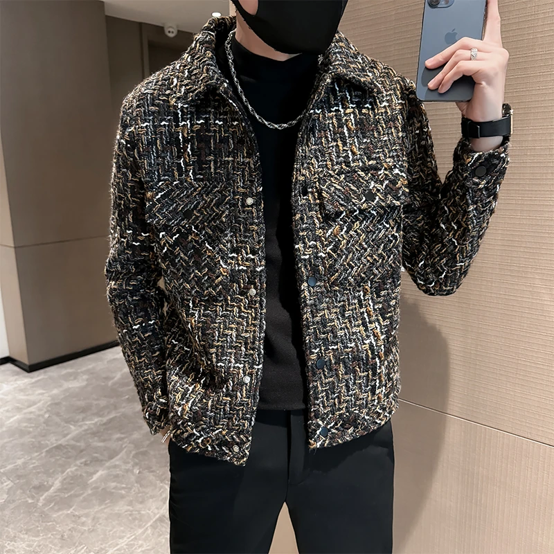 小香风毛呢外套男秋冬款2025新款高级感修身短款男士冬季呢子夹克