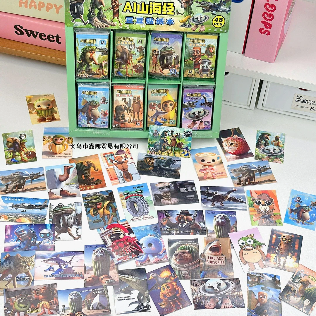 新款AI山海经迷你豆豆贴tungtugsahur儿童益智贴画便携卡通手账贴