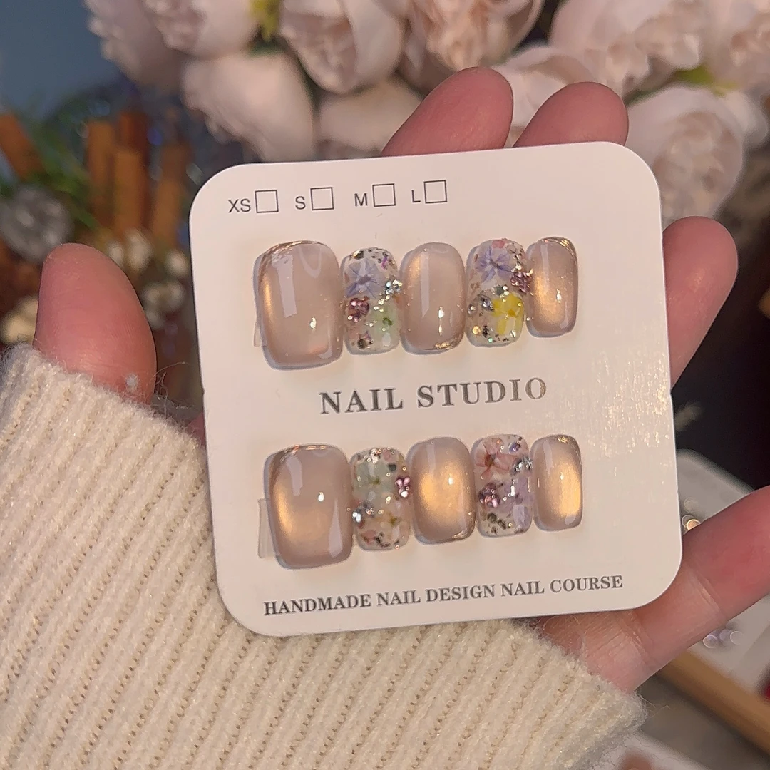 加贝Nail 「花漾甜心」春夏干花复古玻璃珠猫眼可拆卸纯手工穿戴甲