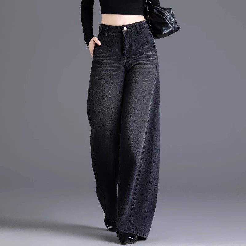 阔腿牛仔裤女2025新款秋冬加绒裤子高腰直筒裤黑色版型超好看裤子