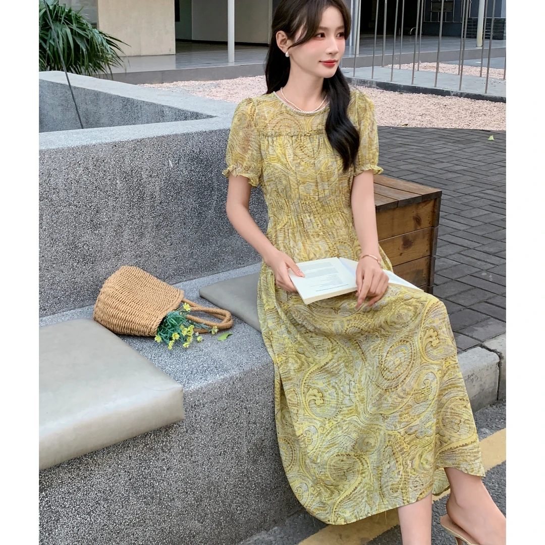 无印心匠K1904法式连衣裙夏季气质复古印花碎花A字裙收腰  B856-1