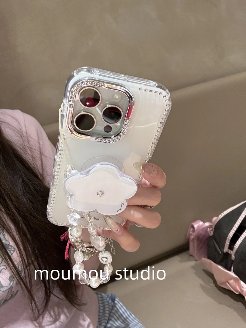闪钻白色花朵支架适用iphone16promax苹果15手机壳14带挂件13少女