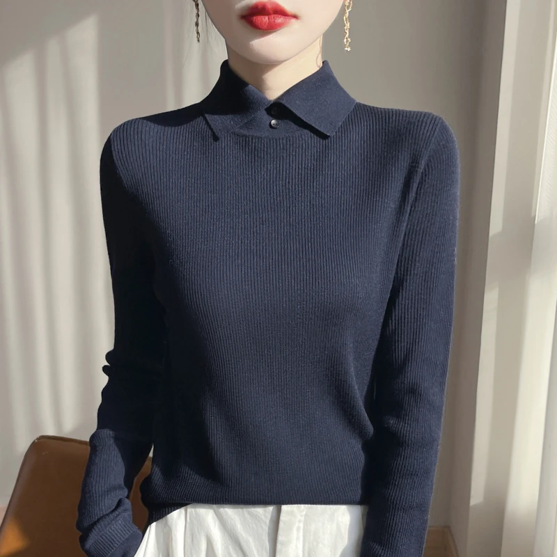 哥弟阿玛施正品春秋新款针织衫时尚翻领修身显瘦内搭打底衫毛衣女