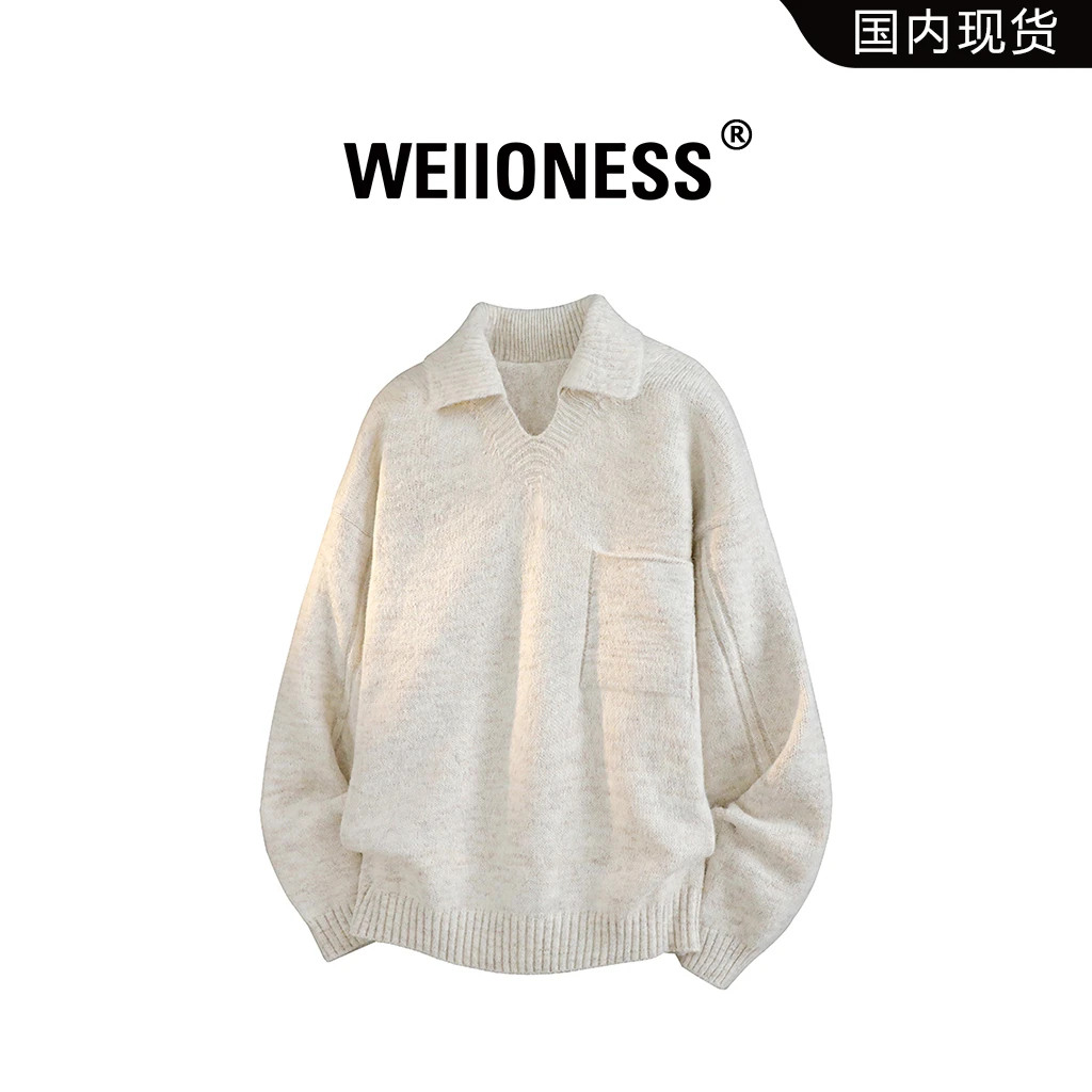 WEIIONESS翻领毛衣男款2025秋季口袋肌理感针织衫男生高级感衣服