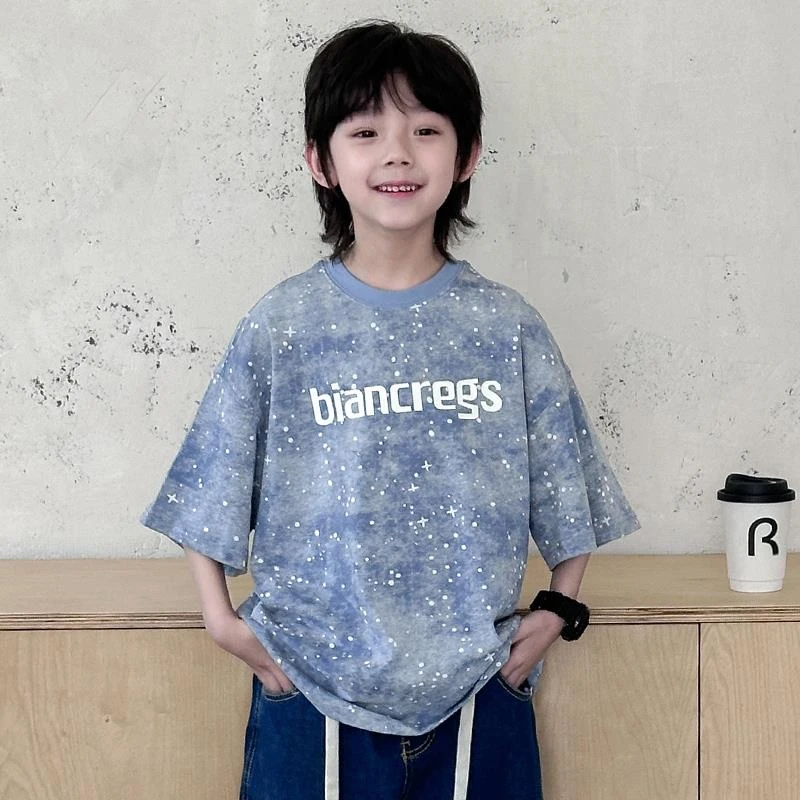 夏装男童短袖t恤2025新款夏季儿童星空半袖上衣中大童印花体恤潮