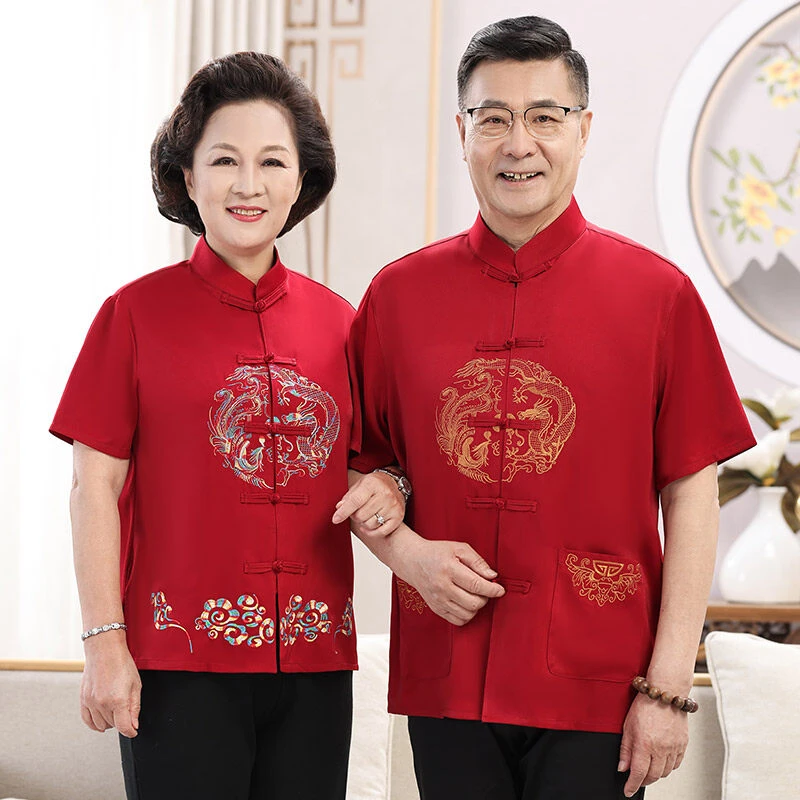 新款老年人男款唐装短袖宽松薄款喜庆爷爷奶奶过寿汉服生日套装