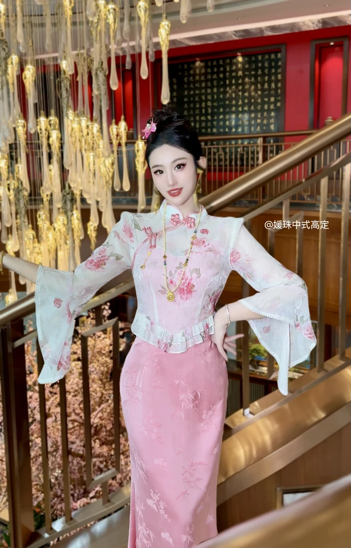 【媛珠 桃花坞】重工新中式贵气名媛国风上衣+吊带裙套装长款春夏