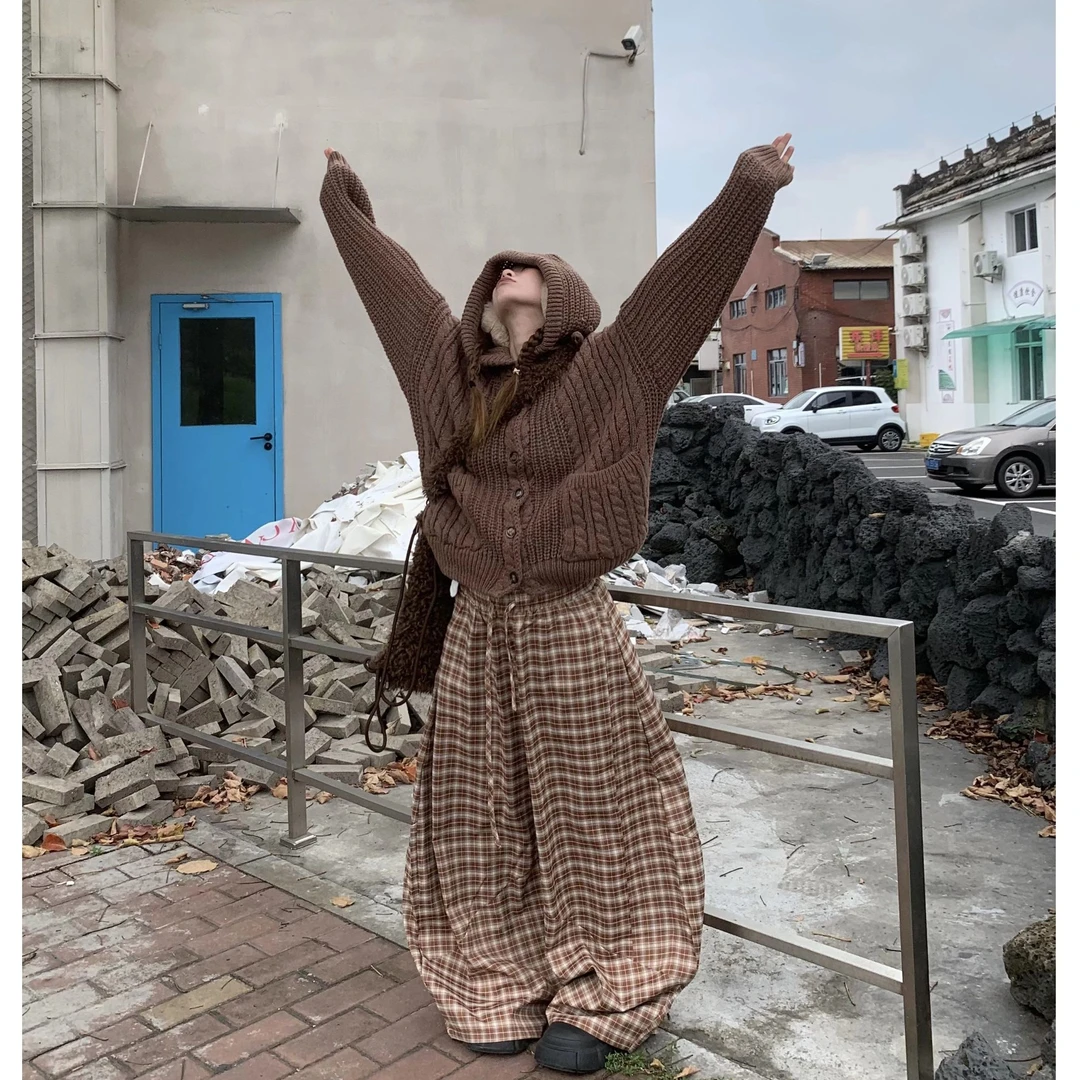 韩系慵懒风V领连帽针织毛衣男女秋冬新美式宽松显瘦短款线衣外套