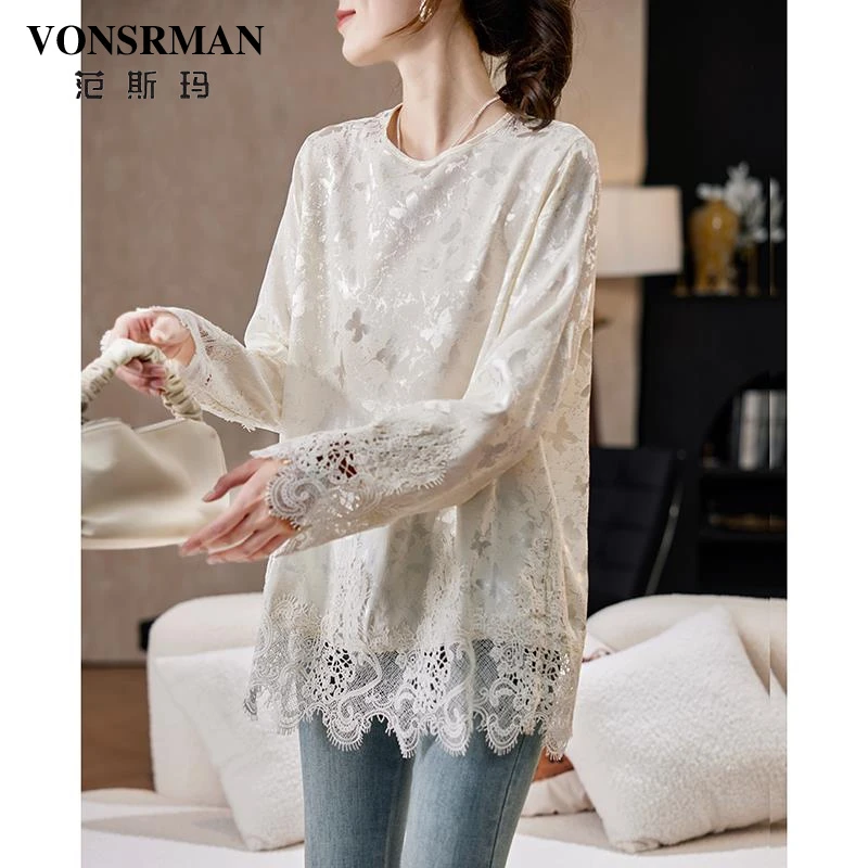 范斯玛圆领蕾丝拼接提花雪纺衫春秋慵懒气质百搭洋气减龄上衣宽松