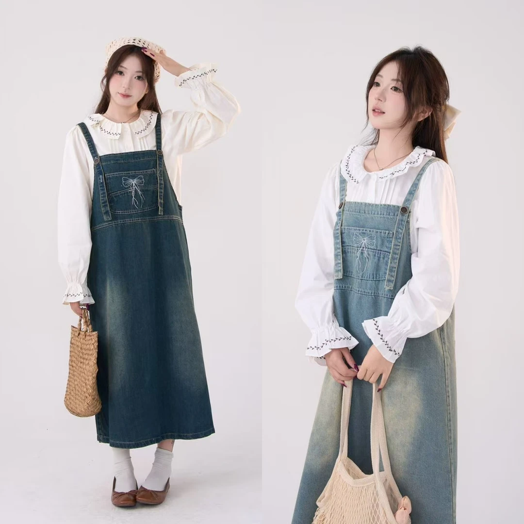 花田橱窗 森系蝴蝶结刺绣牛仔背带裙女春夏连衣裙3186