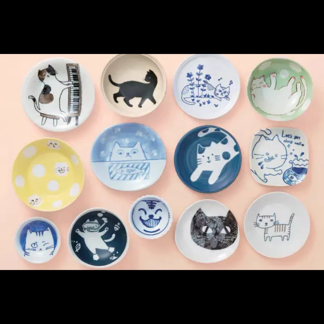 日本进口美浓釉下彩和风可爱猫咪小碟创意陶瓷