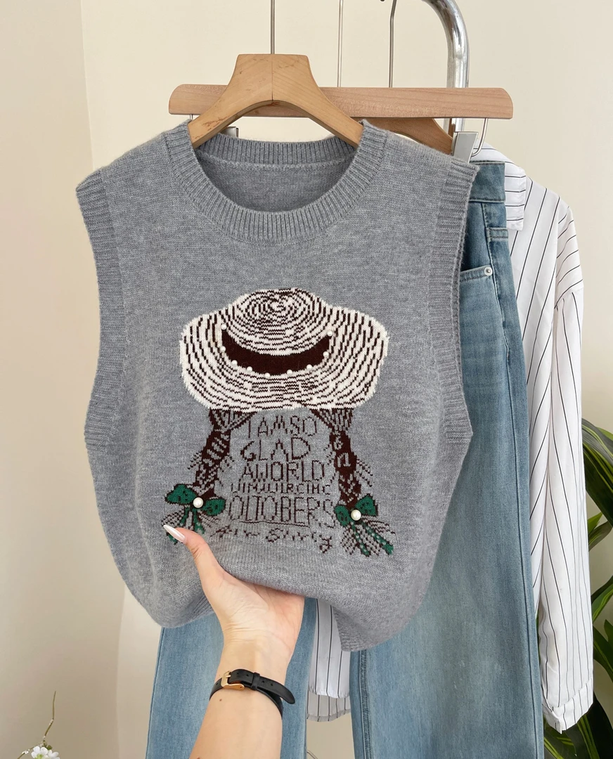 法式小香风毛衣马甲女刺绣草帽蝴蝶结珍珠宽松无袖背心女内搭秋冬