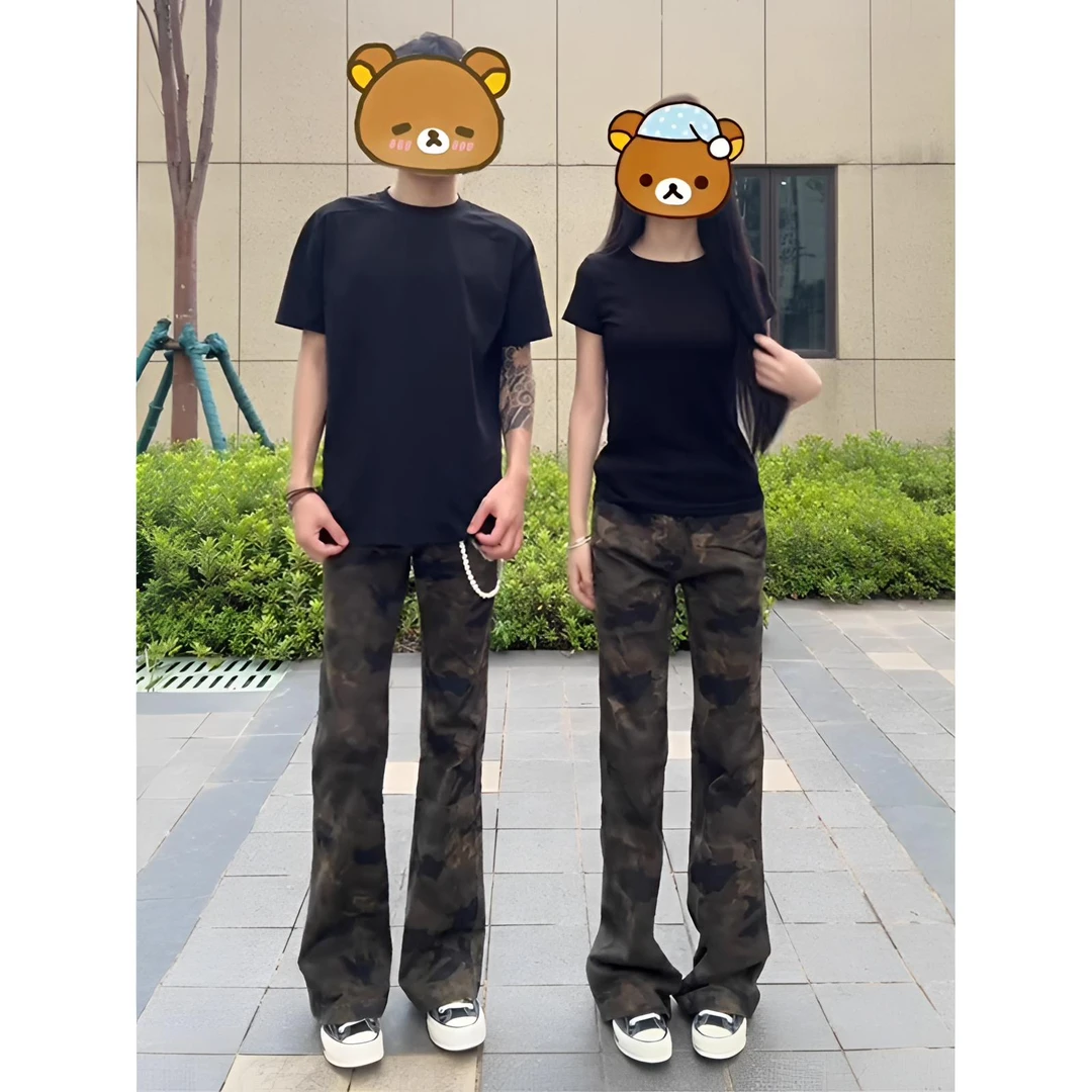 复古高街迷彩牛仔裤男款秋季潮牌痞帅裤子vibe风美式伐木工装长裤