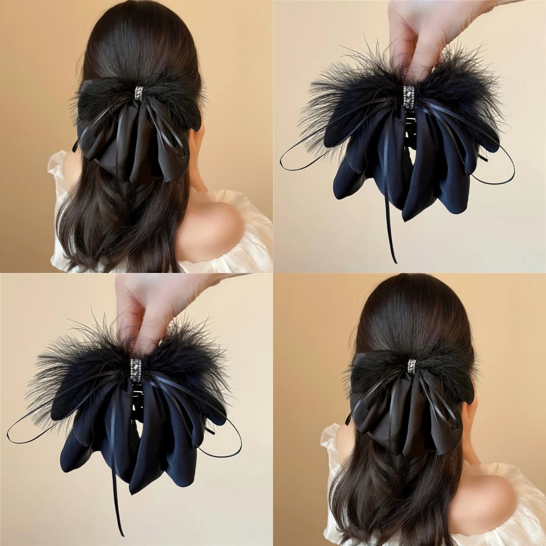 氛围感黑色轻奢羽毛缎面蝴蝶结马尾夹高级感时尚百搭日常通勤发夹