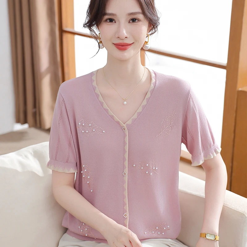 洋气妈妈夏装短袖T恤中年女装新款母亲节上衣中老年夏季冰丝小衫