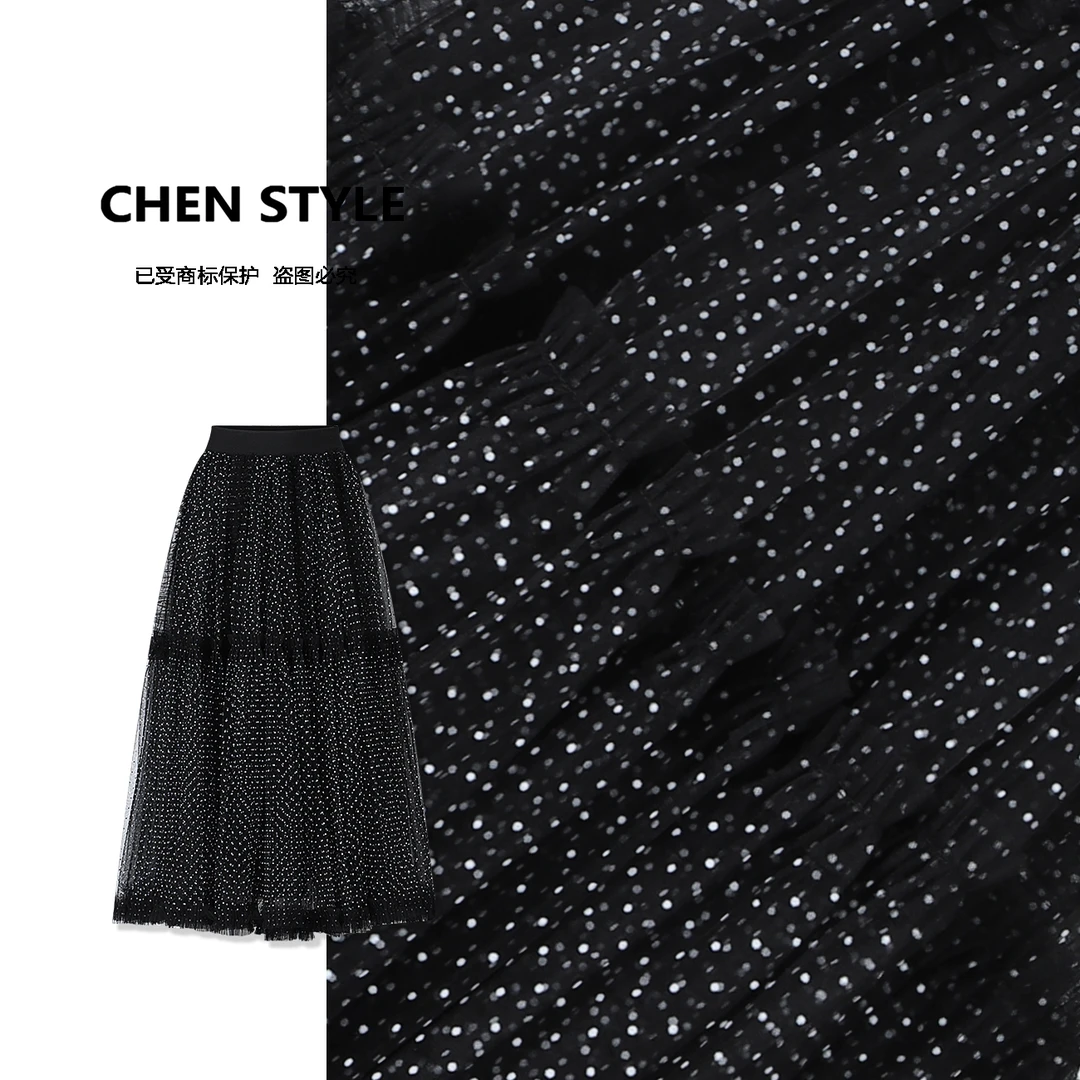 楚楚君【黑天鹅】春款法式波点三层网纱重工艺蓬蓬半身裙Q70914