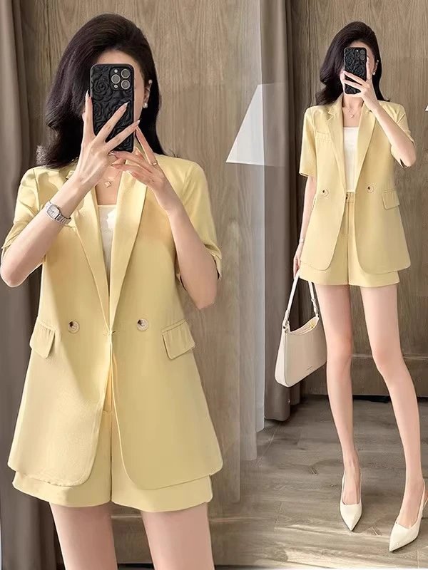 短袖西装外套女夏季薄款小个子休闲高级感今年流行小西服短裤套装
