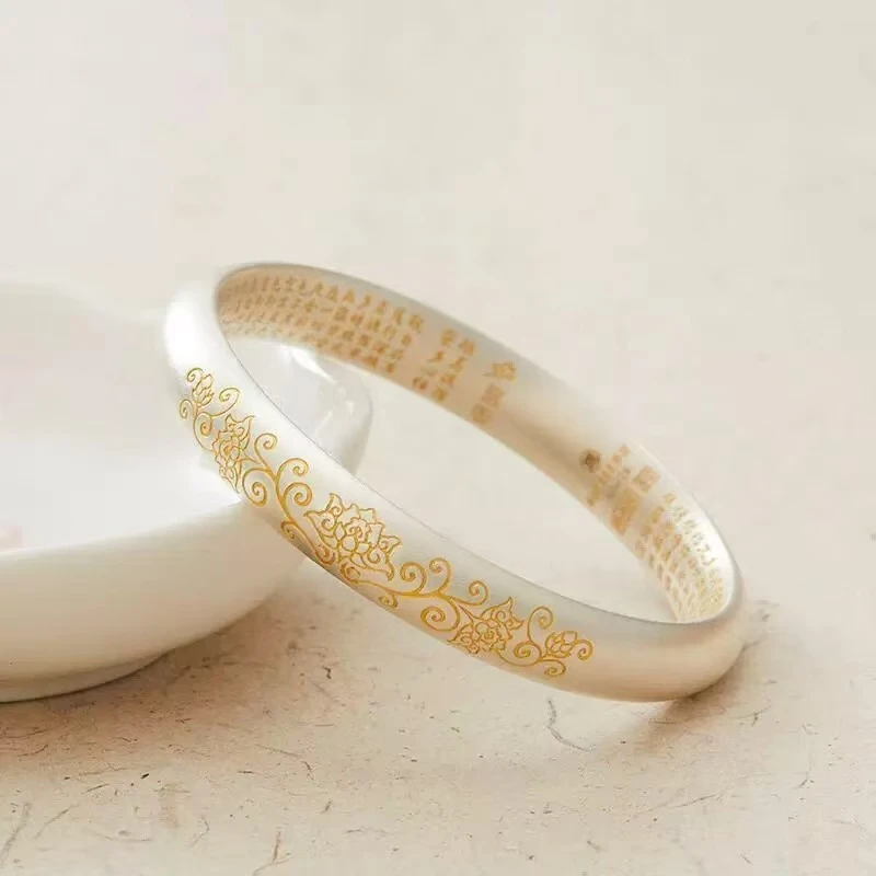 足银手镯 A86号链接足银999.9国风闭口磨砂描金出水芙蓉银手镯女