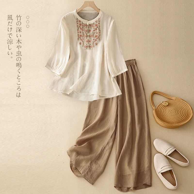 妈妈夏装苎麻阔腿裤套装女士2025新款高端洋气亚麻刺绣衬衫两件套